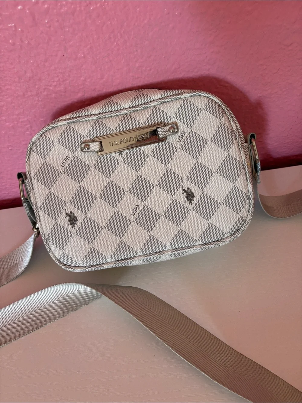 U.S. Polo Assn. Cream and Gray Check Crossbody Bag